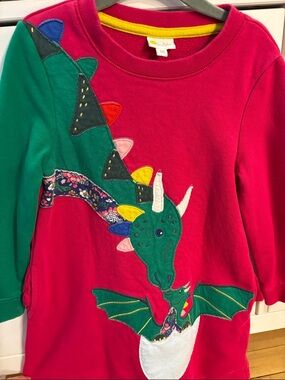 Mini Boden Red Sweatshirt Dress with Green Dragon Appliqué